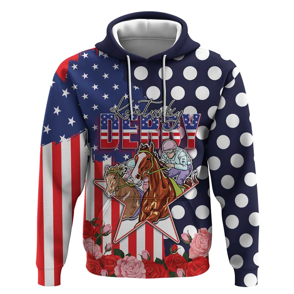 Kentucky Horses Racing Hoodie US Flag Grunge and Dot Pattern Blue Color