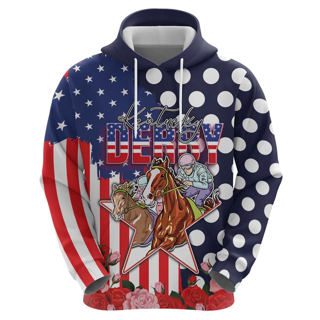 Kentucky Horses Racing Hoodie US Flag Grunge and Dot Pattern Blue Color