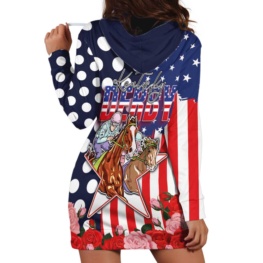 Kentucky Horses Racing Hoodie Dress US Flag Grunge and Dot Pattern Blue Color