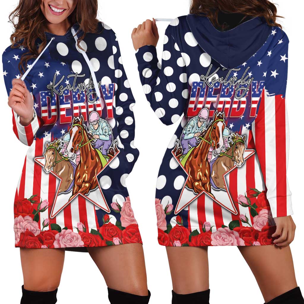 Kentucky Horses Racing Hoodie Dress US Flag Grunge and Dot Pattern Blue Color