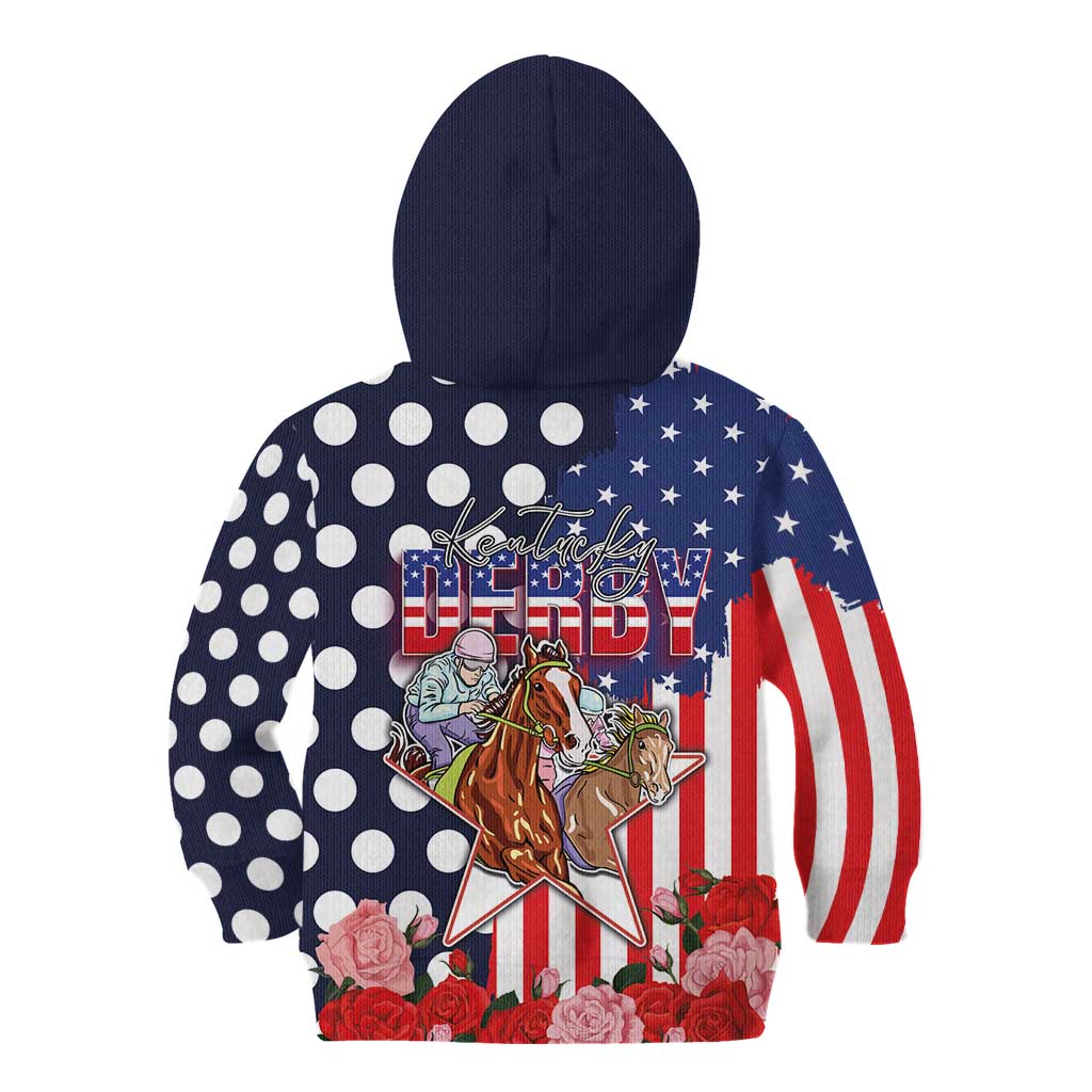 Kentucky Horses Racing Kid Hoodie US Flag Grunge and Dot Pattern Blue Color