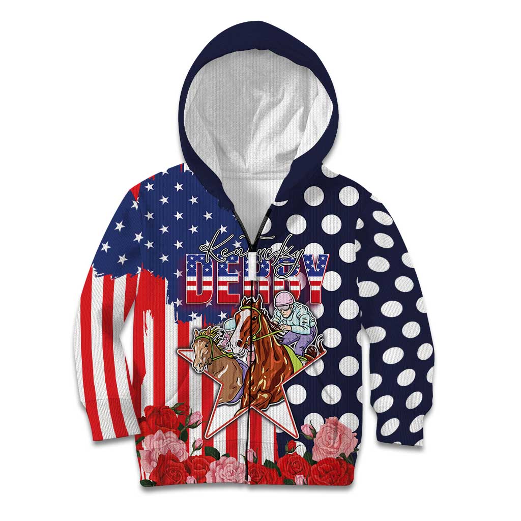 Kentucky Horses Racing Kid Hoodie US Flag Grunge and Dot Pattern Blue Color
