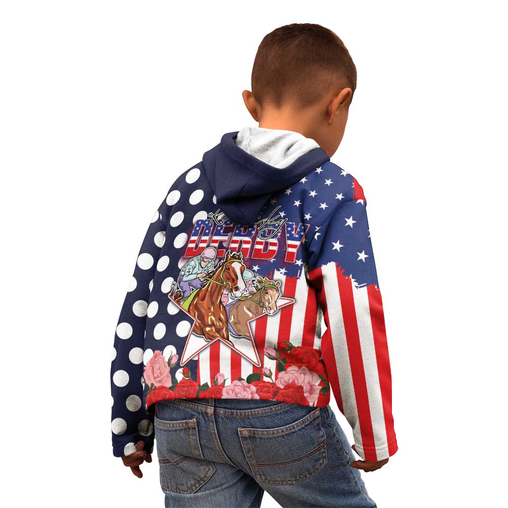 Kentucky Horses Racing Kid Hoodie US Flag Grunge and Dot Pattern Blue Color