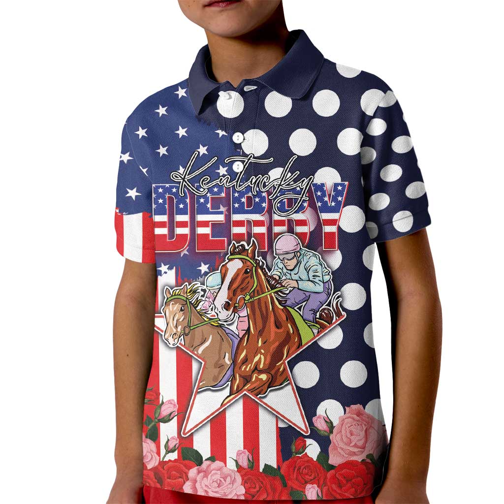 Kentucky Horses Racing Kid Polo Shirt US Flag Grunge and Dot Pattern Blue Color
