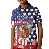 Kentucky Horses Racing Kid Polo Shirt US Flag Grunge and Dot Pattern Blue Color