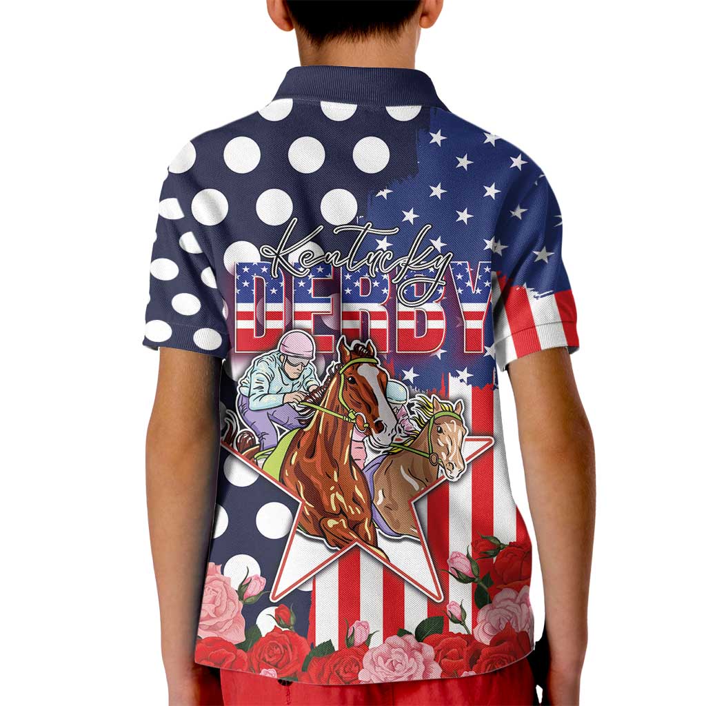 Kentucky Horses Racing Kid Polo Shirt US Flag Grunge and Dot Pattern Blue Color