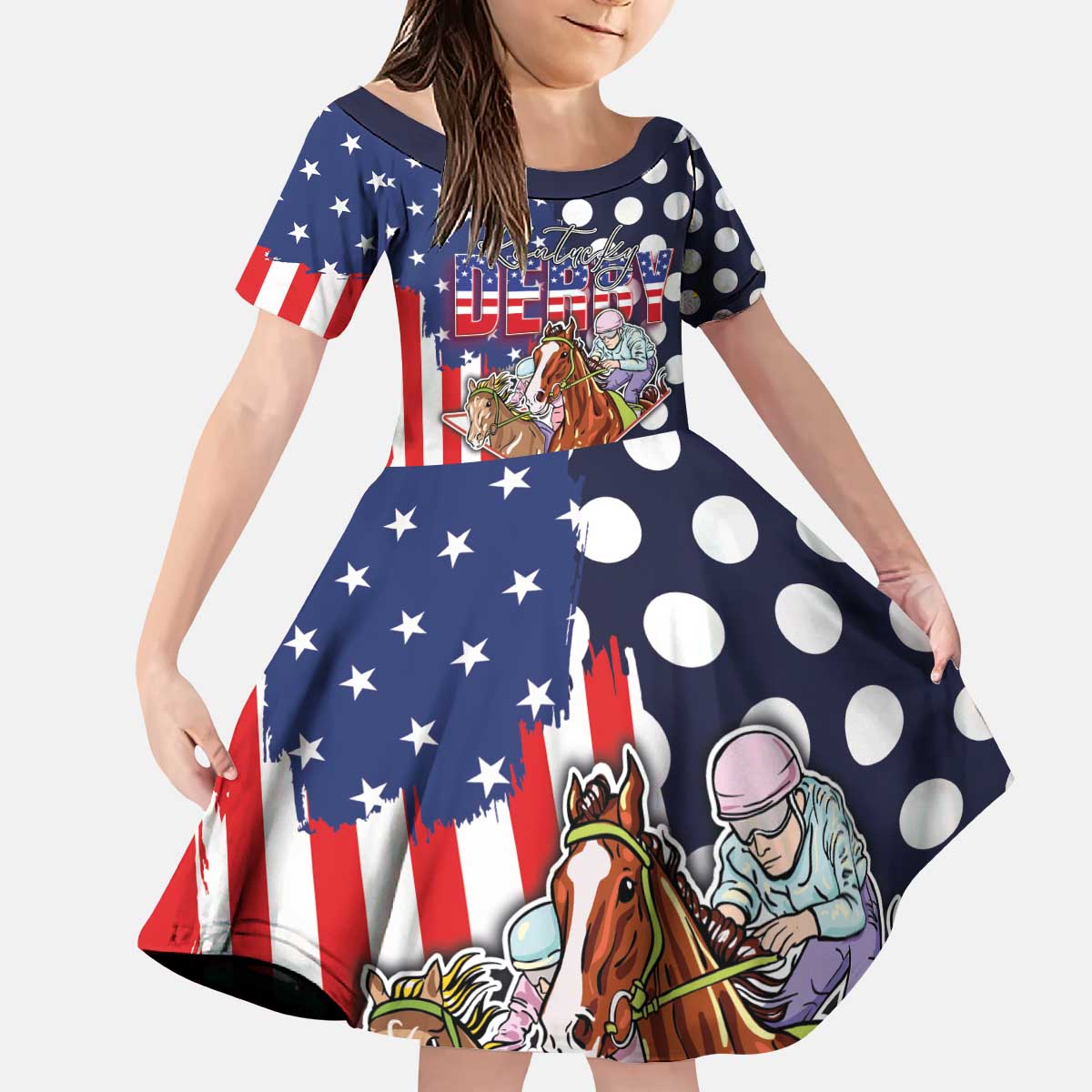 Kentucky Horses Racing Kid Short Sleeve Dress US Flag Grunge and Dot Pattern Blue Color