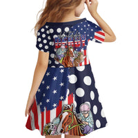 Kentucky Horses Racing Kid Short Sleeve Dress US Flag Grunge and Dot Pattern Blue Color