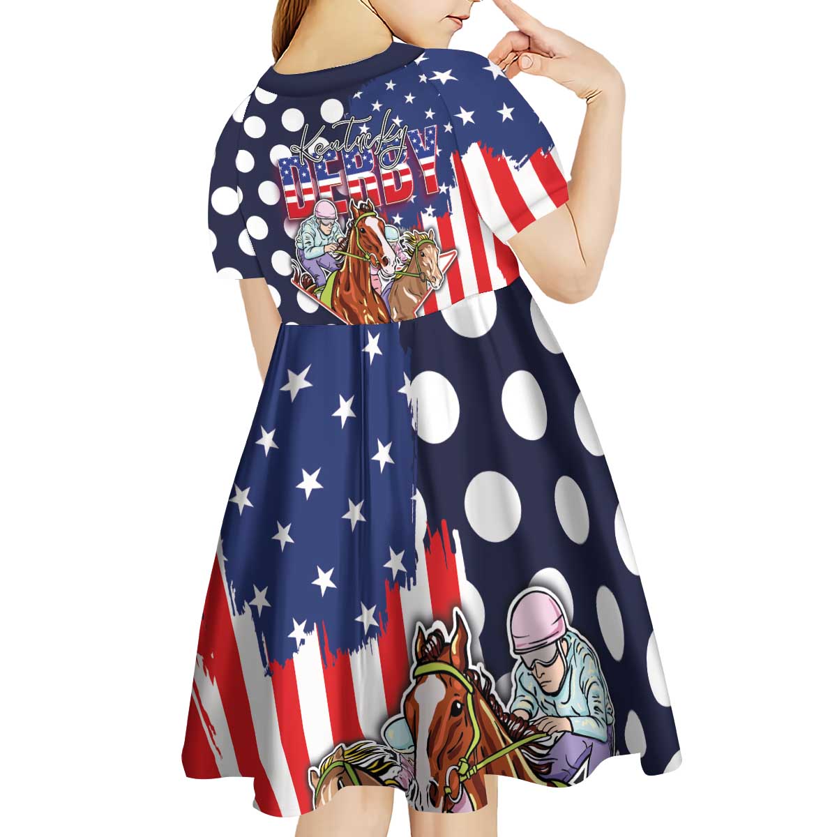 Kentucky Horses Racing Kid Short Sleeve Dress US Flag Grunge and Dot Pattern Blue Color