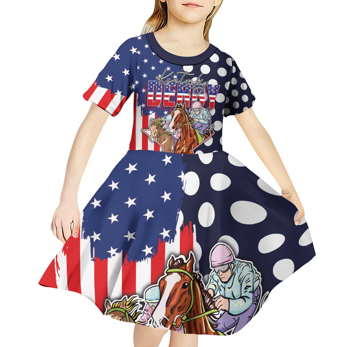 Kentucky Horses Racing Kid Short Sleeve Dress US Flag Grunge and Dot Pattern Blue Color