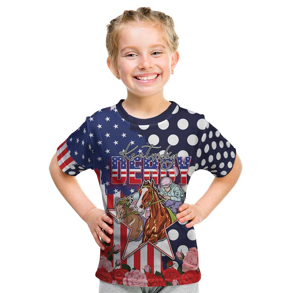 Kentucky Horses Racing Kid T Shirt US Flag Grunge and Dot Pattern Blue Color