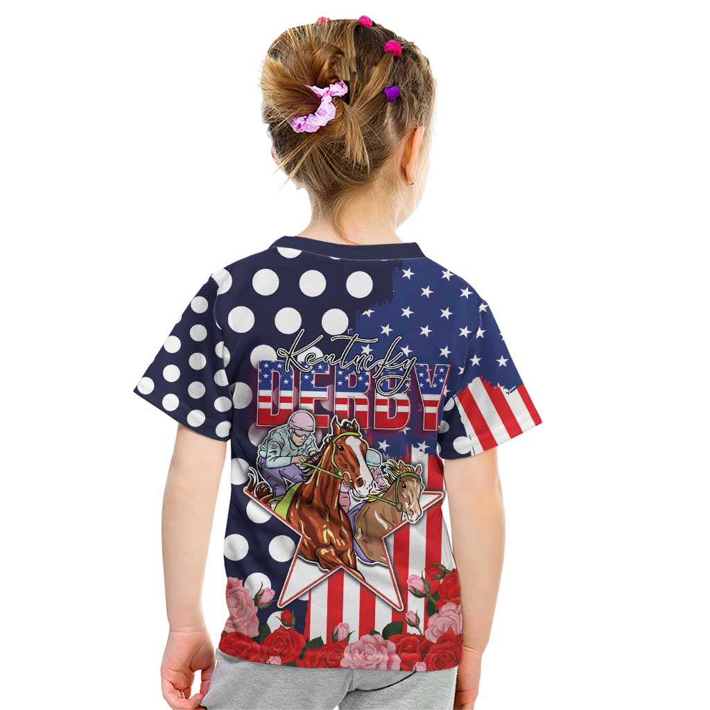 Kentucky Horses Racing Kid T Shirt US Flag Grunge and Dot Pattern Blue Color