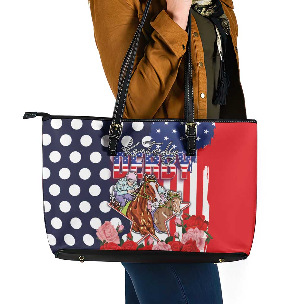 Kentucky Horses Racing Leather Tote Bag US Flag Grunge and Dot Pattern Blue Color