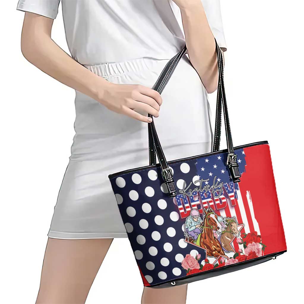 Kentucky Horses Racing Leather Tote Bag US Flag Grunge and Dot Pattern Blue Color