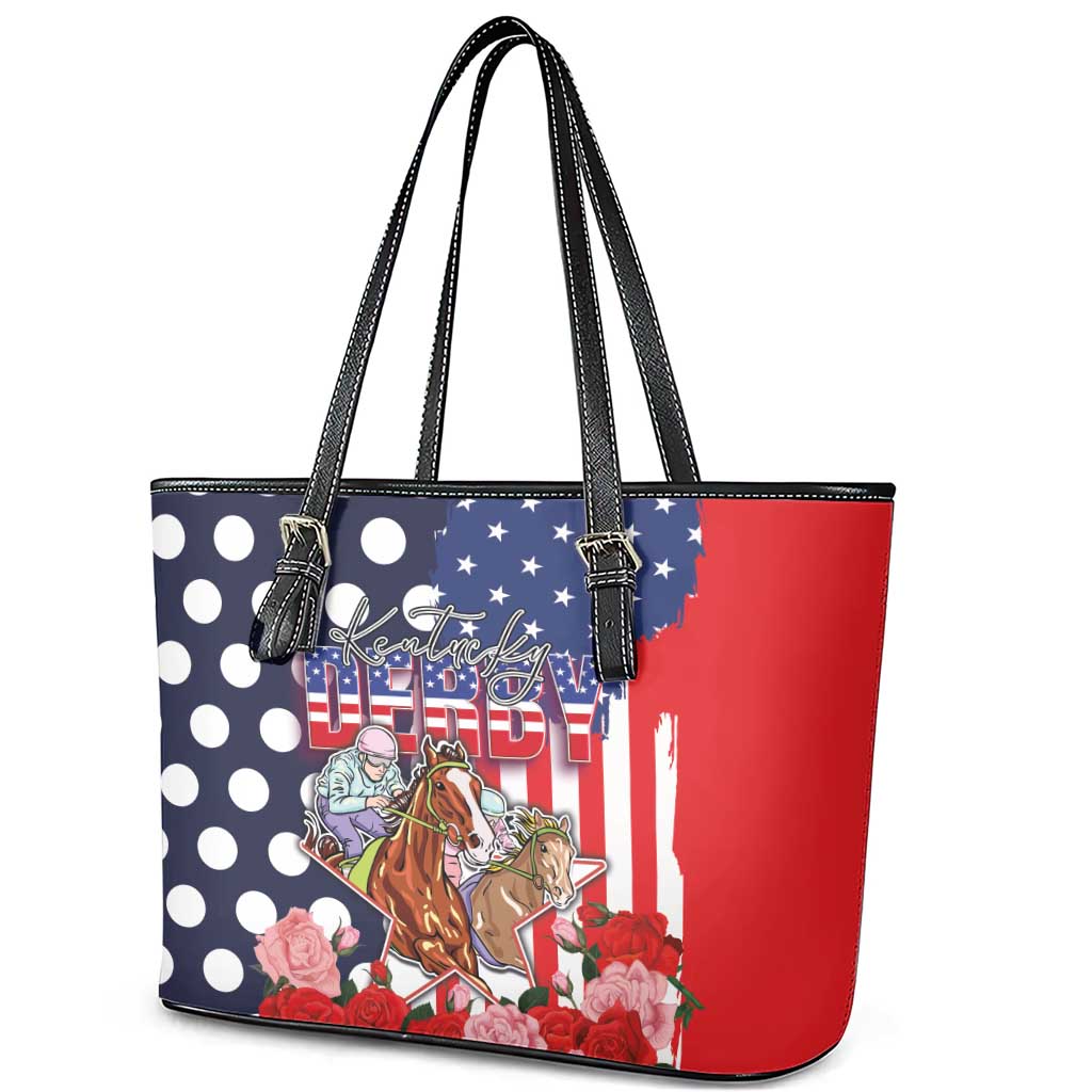 Kentucky Horses Racing Leather Tote Bag US Flag Grunge and Dot Pattern Blue Color