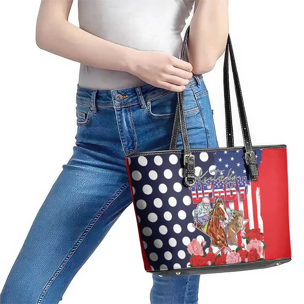 Kentucky Horses Racing Leather Tote Bag US Flag Grunge and Dot Pattern Blue Color