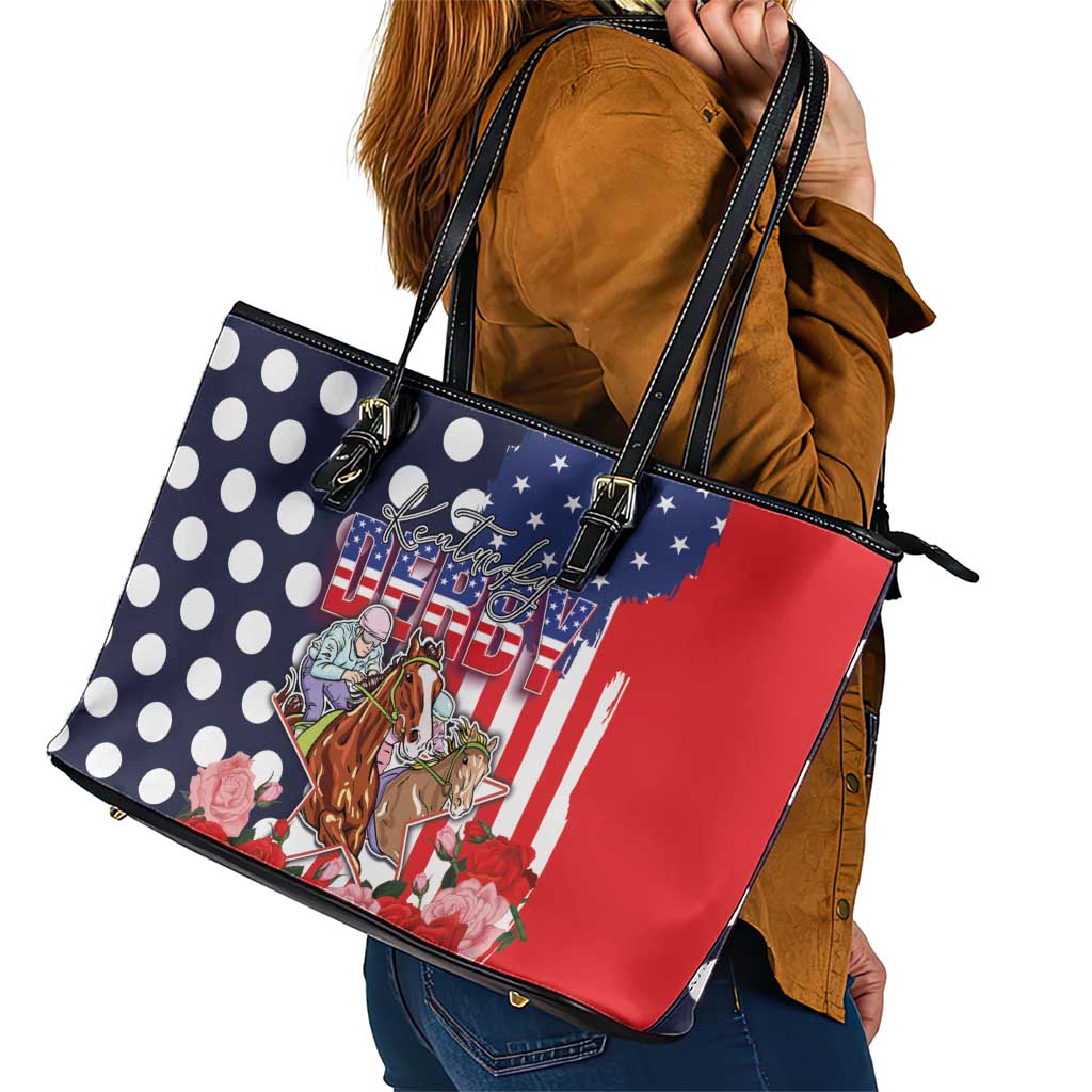 Kentucky Horses Racing Leather Tote Bag US Flag Grunge and Dot Pattern Blue Color