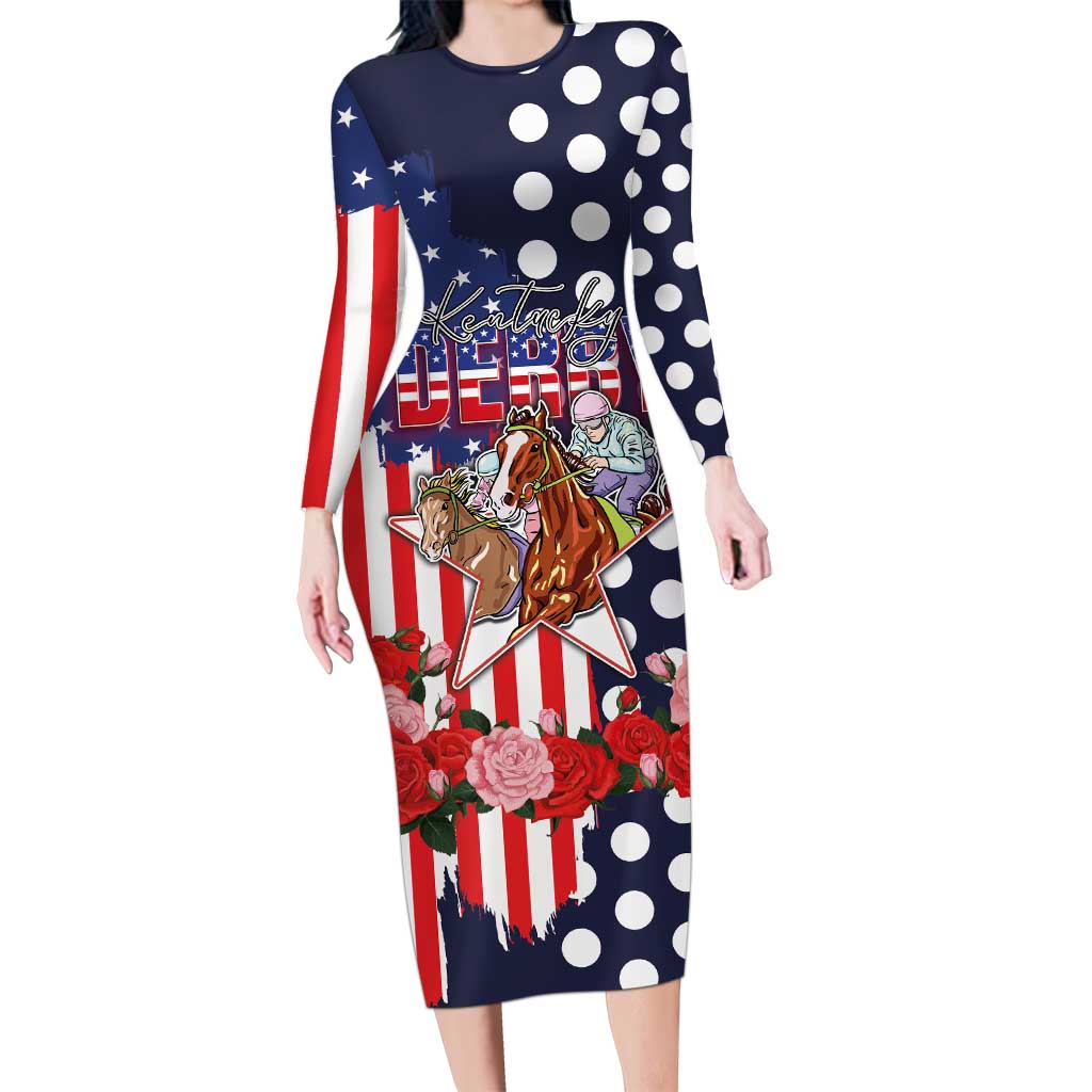 Kentucky Horses Racing Long Sleeve Bodycon Dress US Flag Grunge and Dot Pattern Blue Color