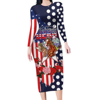 Kentucky Horses Racing Long Sleeve Bodycon Dress US Flag Grunge and Dot Pattern Blue Color