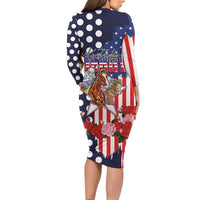 Kentucky Horses Racing Long Sleeve Bodycon Dress US Flag Grunge and Dot Pattern Blue Color