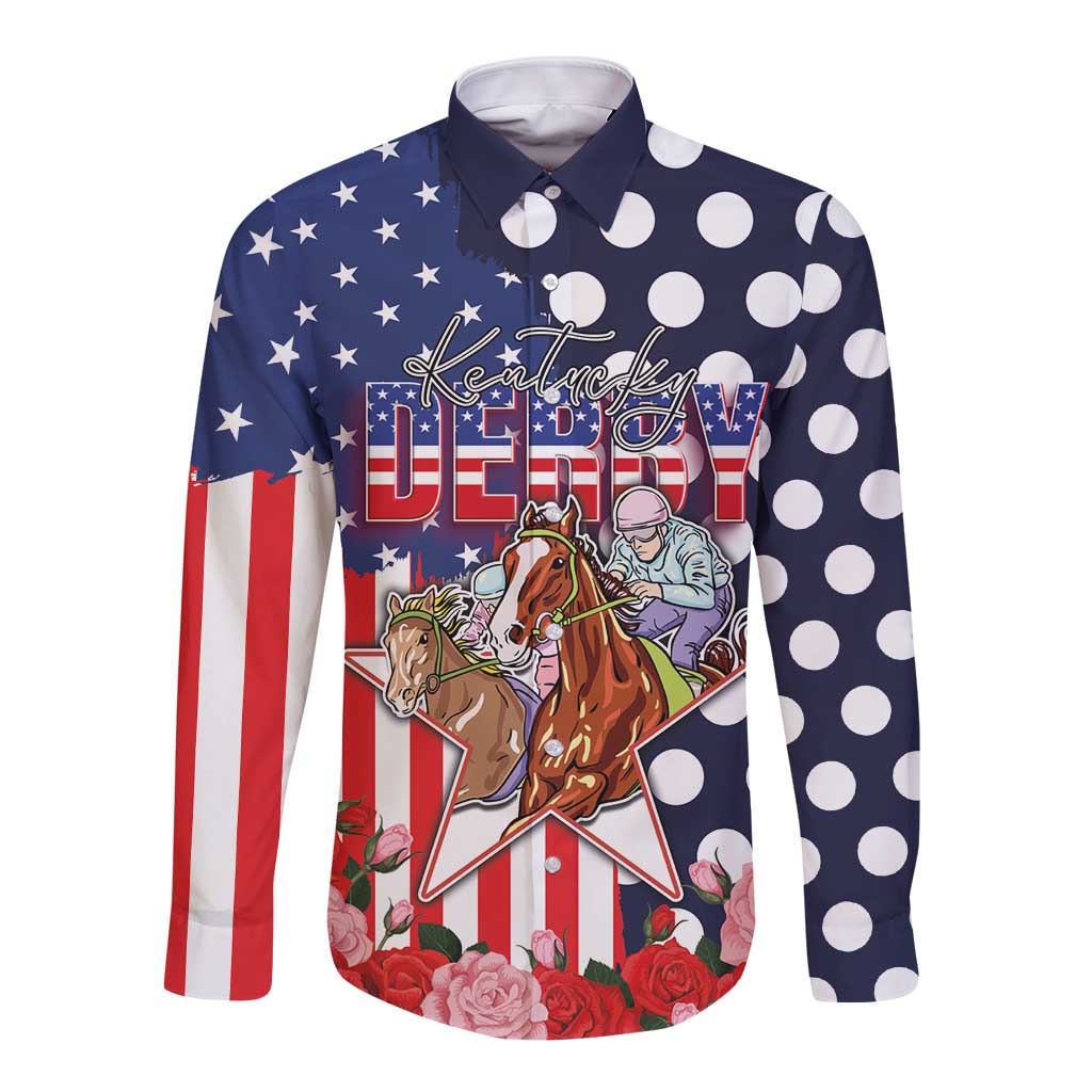 Kentucky Horses Racing Long Sleeve Button Shirt US Flag Grunge and Dot Pattern Blue Color