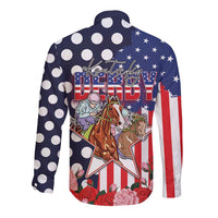 Kentucky Horses Racing Long Sleeve Button Shirt US Flag Grunge and Dot Pattern Blue Color