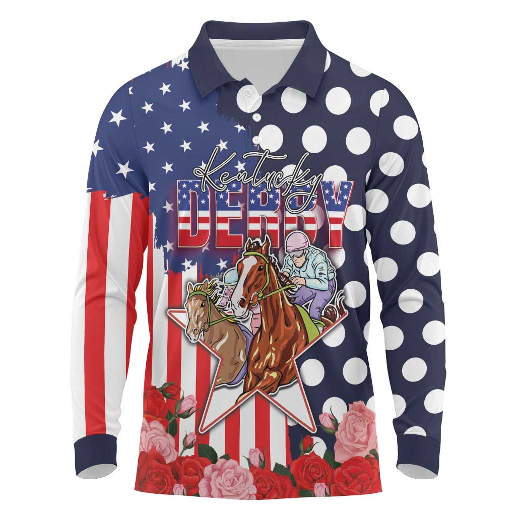 Kentucky Horses Racing Long Sleeve Polo Shirt US Flag Grunge and Dot Pattern Blue Color