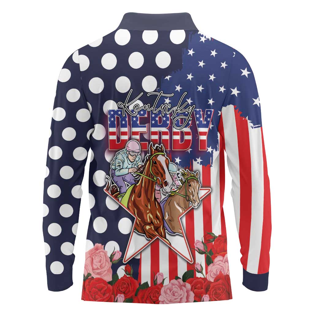 Kentucky Horses Racing Long Sleeve Polo Shirt US Flag Grunge and Dot Pattern Blue Color