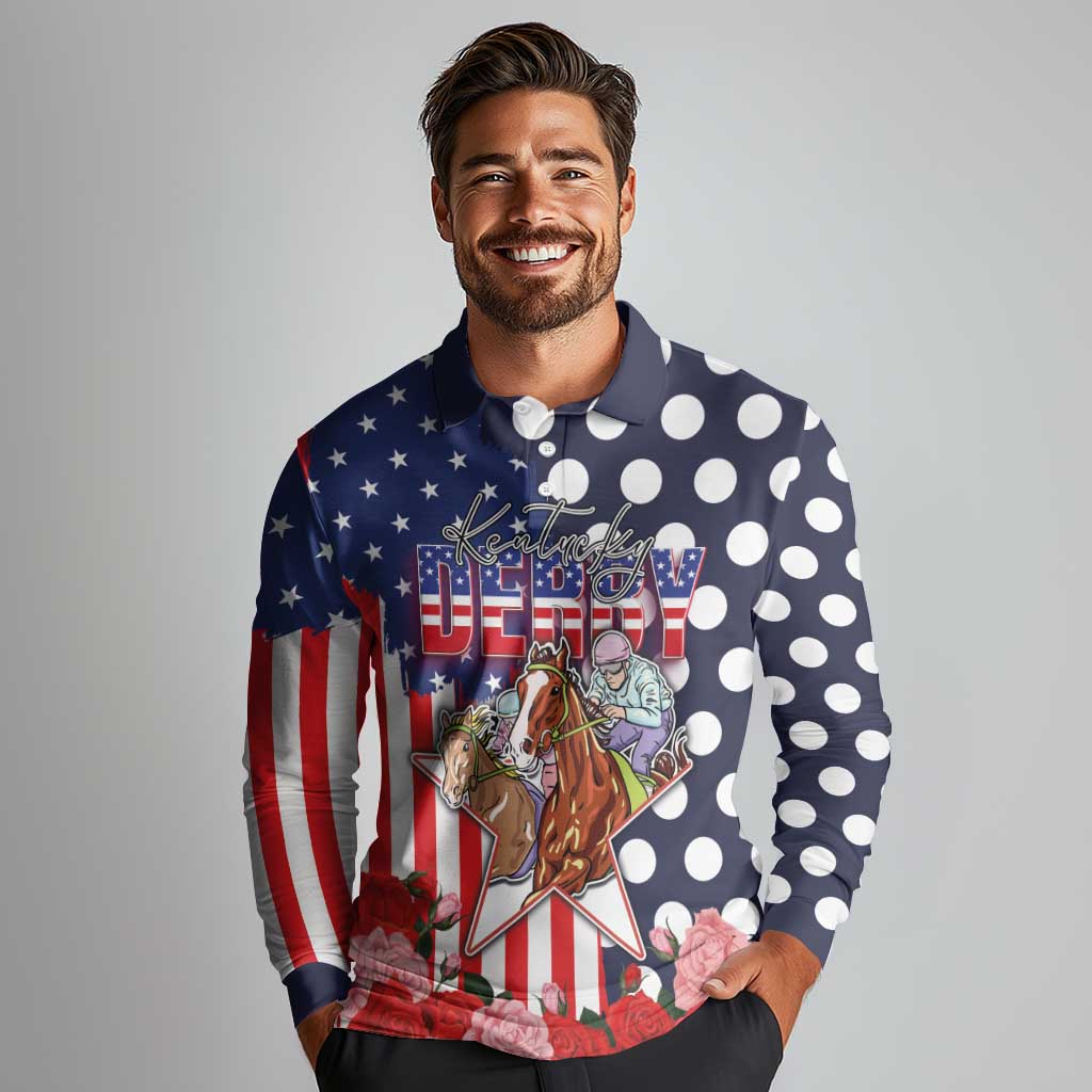 Kentucky Horses Racing Long Sleeve Polo Shirt US Flag Grunge and Dot Pattern Blue Color