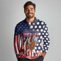 Kentucky Horses Racing Long Sleeve Polo Shirt US Flag Grunge and Dot Pattern Blue Color