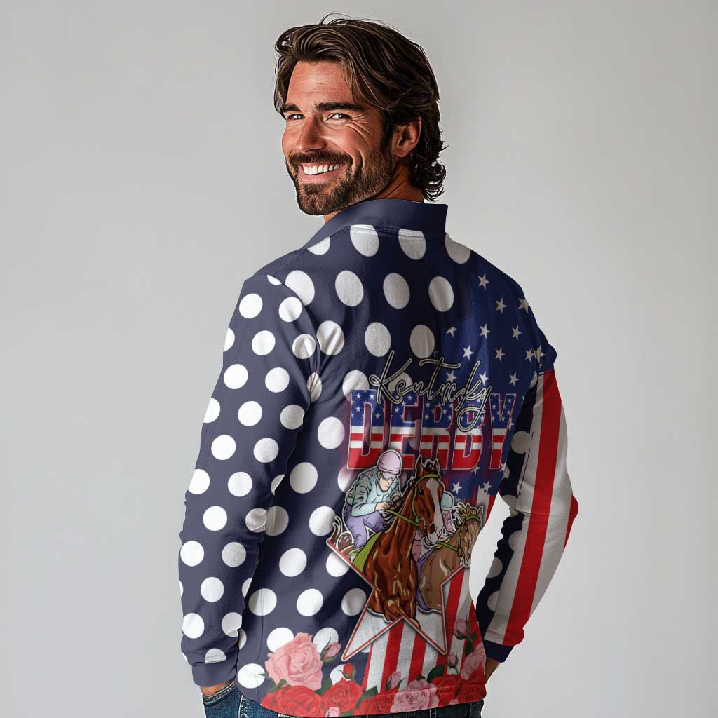 Kentucky Horses Racing Long Sleeve Polo Shirt US Flag Grunge and Dot Pattern Blue Color