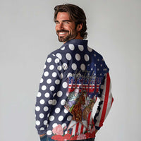 Kentucky Horses Racing Long Sleeve Polo Shirt US Flag Grunge and Dot Pattern Blue Color