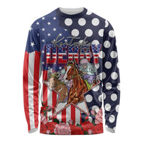 Kentucky Horses Racing Long Sleeve Shirt US Flag Grunge and Dot Pattern Blue Color