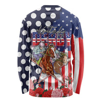 Kentucky Horses Racing Long Sleeve Shirt US Flag Grunge and Dot Pattern Blue Color