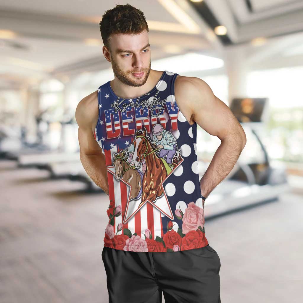 Kentucky Horses Racing Men Tank Top US Flag Grunge and Dot Pattern Blue Color