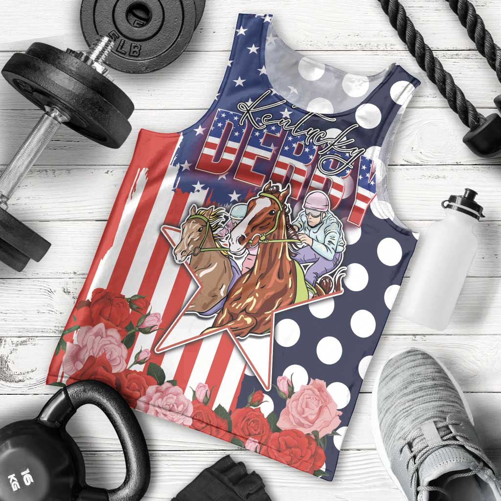 Kentucky Horses Racing Men Tank Top US Flag Grunge and Dot Pattern Blue Color