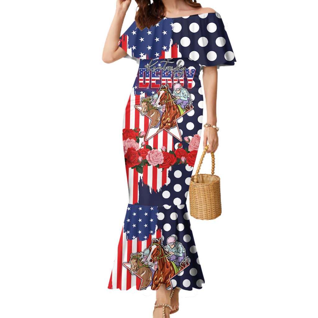 Kentucky Horses Racing Mermaid Dress US Flag Grunge and Dot Pattern Blue Color