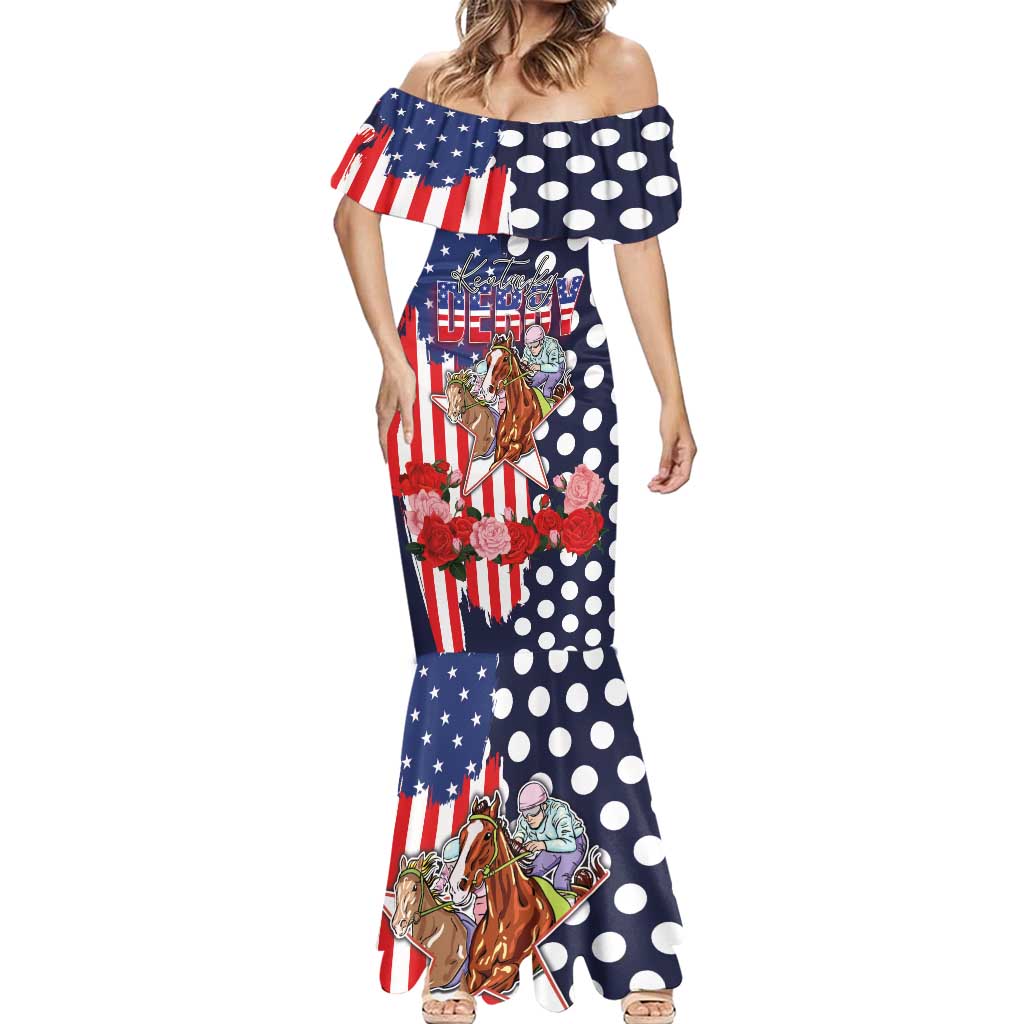 Kentucky Horses Racing Mermaid Dress US Flag Grunge and Dot Pattern Blue Color