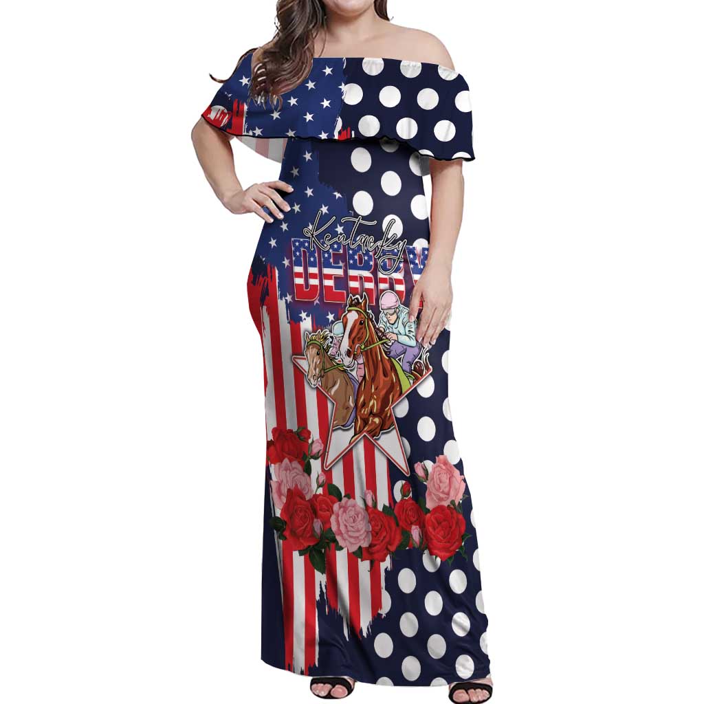 Kentucky Horses Racing Off Shoulder Maxi Dress US Flag Grunge and Dot Pattern Blue Color
