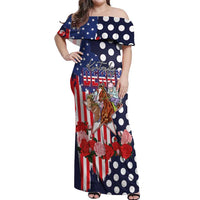 Kentucky Horses Racing Off Shoulder Maxi Dress US Flag Grunge and Dot Pattern Blue Color
