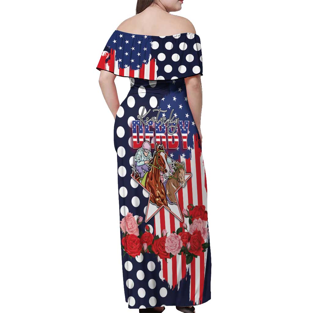 Kentucky Horses Racing Off Shoulder Maxi Dress US Flag Grunge and Dot Pattern Blue Color