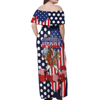 Kentucky Horses Racing Off Shoulder Maxi Dress US Flag Grunge and Dot Pattern Blue Color