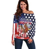 Kentucky Horses Racing Off Shoulder Sweater US Flag Grunge and Dot Pattern Blue Color