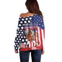 Kentucky Horses Racing Off Shoulder Sweater US Flag Grunge and Dot Pattern Blue Color