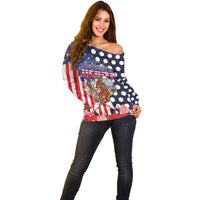 Kentucky Horses Racing Off Shoulder Sweater US Flag Grunge and Dot Pattern Blue Color