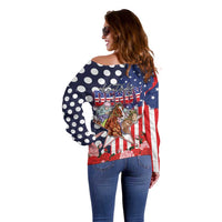 Kentucky Horses Racing Off Shoulder Sweater US Flag Grunge and Dot Pattern Blue Color