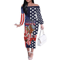 Kentucky Horses Racing Off The Shoulder Long Sleeve Dress US Flag Grunge and Dot Pattern Blue Color