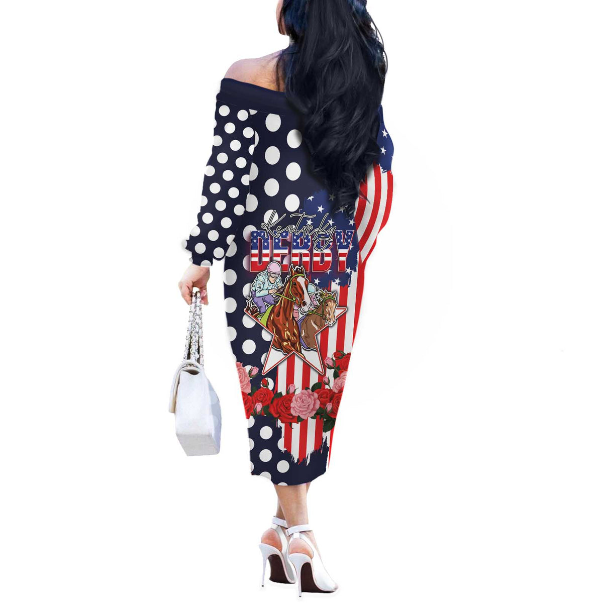 Kentucky Horses Racing Off The Shoulder Long Sleeve Dress US Flag Grunge and Dot Pattern Blue Color