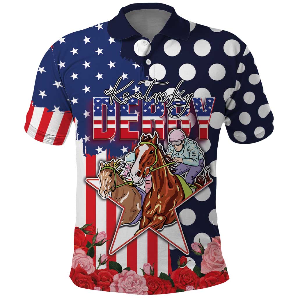 Kentucky Horses Racing Polo Shirt US Flag Grunge and Dot Pattern Blue Color