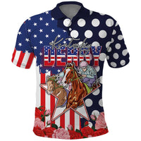 Kentucky Horses Racing Polo Shirt US Flag Grunge and Dot Pattern Blue Color